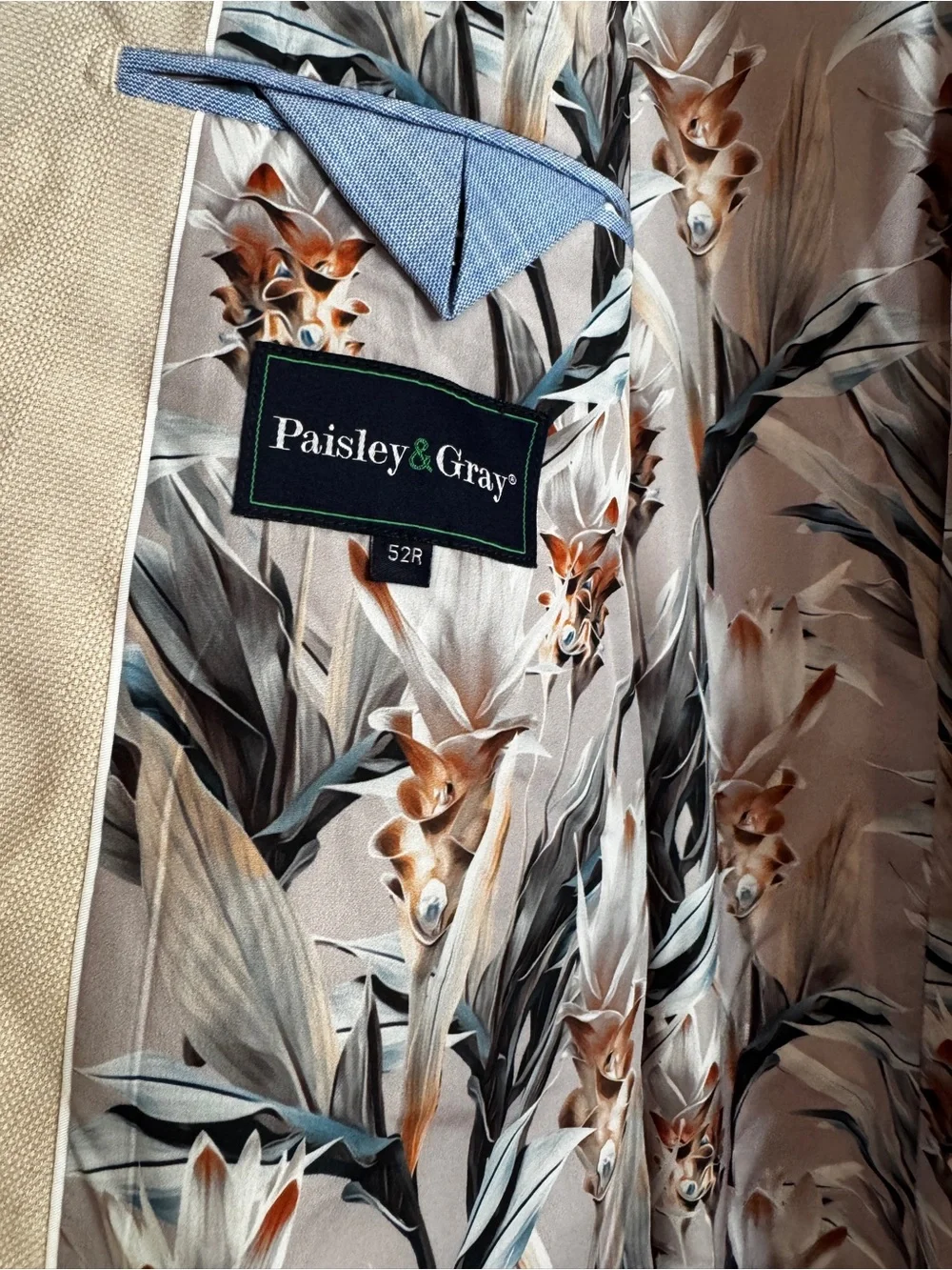 Paisley & Gray Slim Fit Sport Coat 52R Cream Beige Blazer Floral Lining NWT